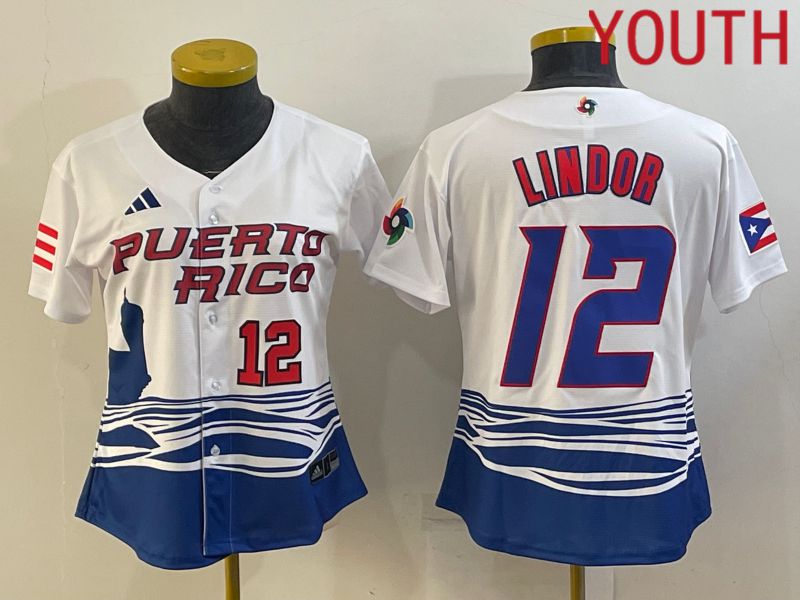 Youth 2023 World Cub Puerto Rico #12 Lindor White MLB Jersey9